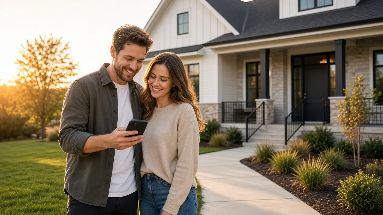 A couple smiles at a phone in front of their new home.