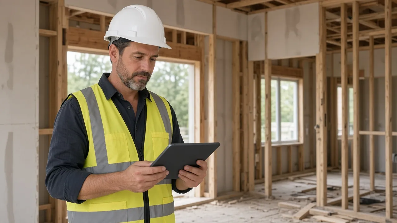A superintendent in a hard hat checks a tablet inside a framed home.