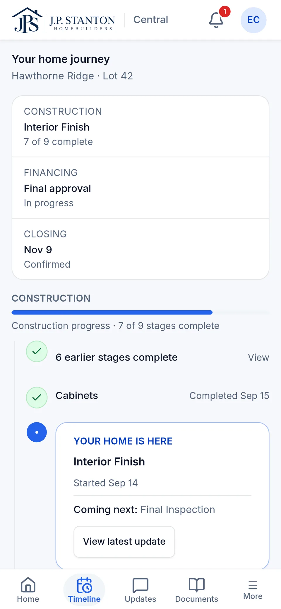 The buyer's home journey: Interior Finish is the current stage, 7 of 9 complete, with Final Inspection coming next. Fictional sample data.