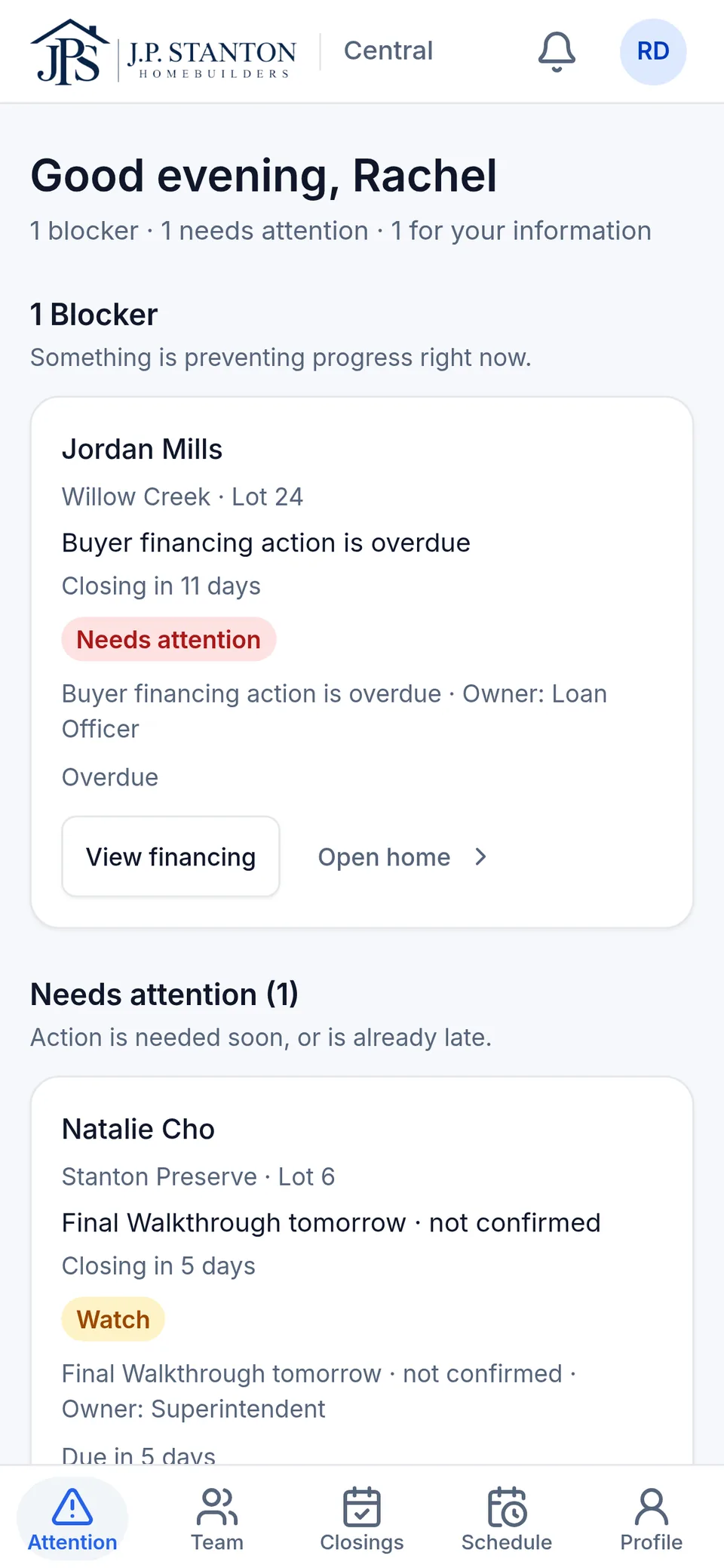 The sales manager's Attention list on a phone: an overdue financing step for Jordan Mills and an unconfirmed walkthrough. Fictional sample data.